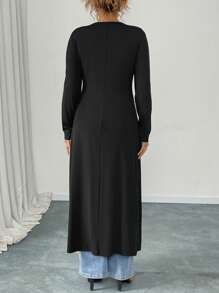 Elenzga Plus Size Women Solid Color Ribbed Long Sleeve Shirt Dress, Waist Cinched - Black - View 2