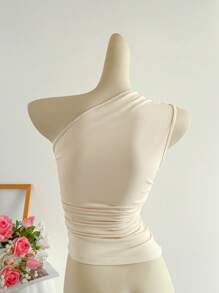 Elamini Women's Apricot Color Ruched Asymmetric Shoulder Fitted Top, Fashionable Casual Elegant Versatile, Spring/Summer - Apricot - View 2