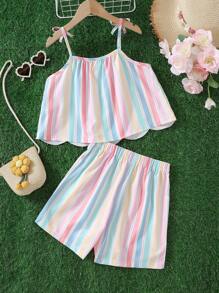 SHEIN Elladie kids Tween Girl Striped Vacation Camisole Top And Shorts 2 Pieces Casual Set Summer Holiday