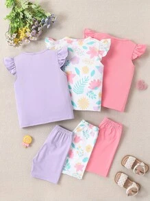 SHEIN Playful Pals 6 pièces/set T-shirt à manches courtes avec volants à imprimé floral et short, tenue décontractée pour jeune fille. Convient pour les sorties d'été et le port quotidien - Multicolore - Voir 2