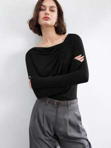 BizChic 2025 夏季新款不对称镂空不对称肩部褶皱长袖女衬衫，适合商务、休闲、日常、海滩、婚礼嘉宾、音乐节、早午餐、机场等场合 - 黑色 - 查看 4