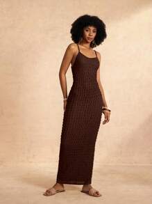 Zivah Solid Texture Bodycon Backless Cami Dress - Coffee Brown - View 6