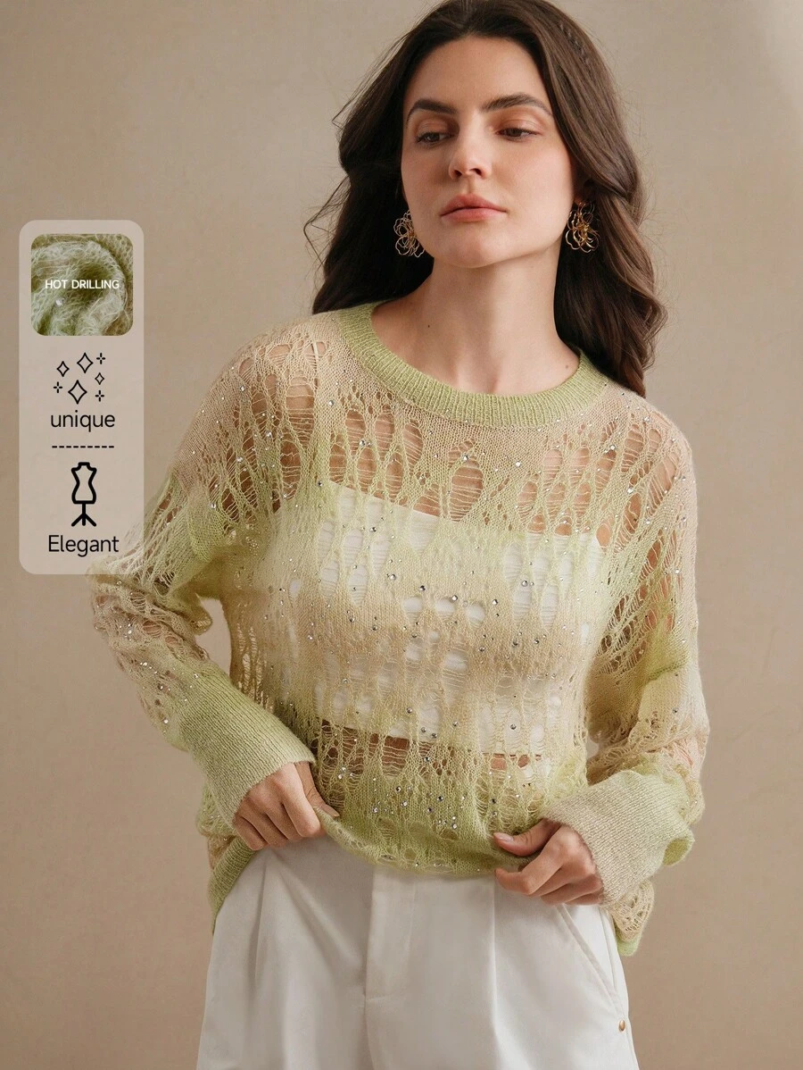 Anewsta Elegant Summer Soft Ombre Rhinestone Decor Long Sleeve Seahorse Pattern Knit Sweater For Women Knit Pullover Fall Winter Sweater - Green - View 1