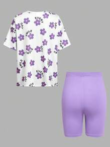 SHEIN Tween-Mädchen Set mit kurzärmligem Rundhals-Oberteil mit Blumenmuster und einfarbigen Shorts für Ostern
