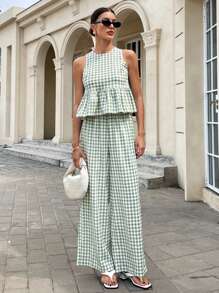 Siren Gaze Conjunto de blusón sin mangas con abertura en la espalda y volantes en el bajo a cuadros verde menta y pantalones anchos, conjunto de dos piezas de estilo boho chic de verano 2025 con tejido transpirable tipo lino para vacaciones, festivales y resorts de playa