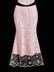 SHEIN ICON Palace-Style Embroidered Fabric Boned Bustier Top And Fish Tail Skirt 2 Pieces Set For Women - Pink - View 7