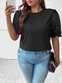 Celure 大码女式优雅浪漫日常聚会休闲圆领泡泡袖珍珠缀饰衬衫