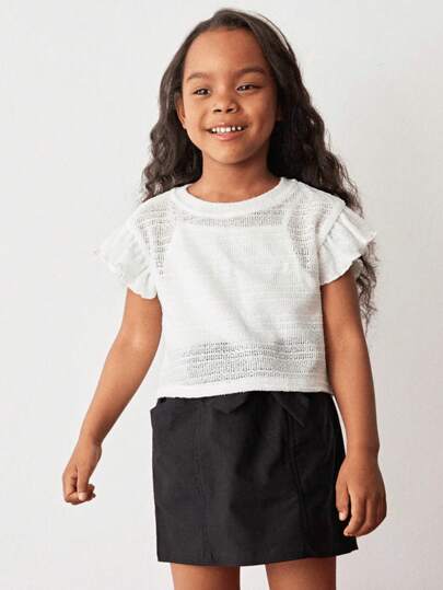Maija Kids Maija Kids 女童休闲百搭白色荷叶袖宽松舒适透气针织圆领T恤，适合外出、居家、返校穿着，需内搭内衣，春夏款。