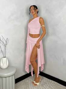 SHEIN BAE 女士纯白色毕业礼服，搭配不对称肩带上衣和不对称高开叉褶皱下摆裙子 - 珊瑚粉 - 查看 4