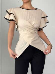 SHEIN LUNE Blusa con doble capa de manga con volantes y lazo delantero para mujeres - Caqui - Ver 6