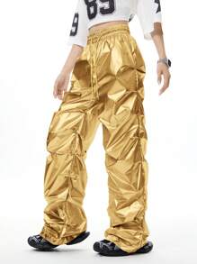 Coolane 女士春夏Y2K街头风闪亮金属质感PU降落伞弹力腰带口袋阔腿裤 - 金色 - 查看 4
