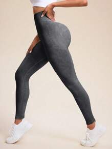 Gameset SHEIN Sport 女式高腰无缝纹理紧身瑜伽裤 - 黑色 - 查看 2