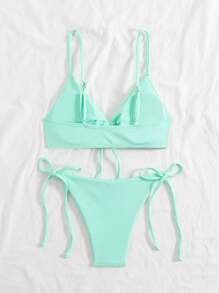 SHEIN Swim Vacation Beach Solid Color Wireless Top With Tie Side Thong Bikini Set For Summer - Mint Blue - View 2