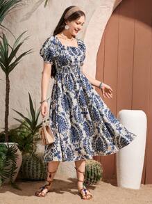 少女印花图案泡泡袖迷你连衣裙，腰部褶皱，合身夏季休闲度假连衣裙 - 彩色 - 查看 4