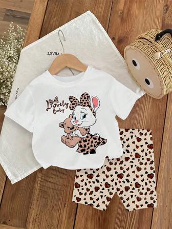 SHEIN Baby Girls Lovely Leopard Bunny Print Crew Neck Short Sleeve T-Shirt And Leopard Knit Leggings Set