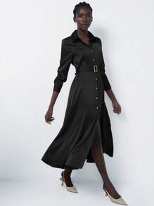 Aveloria Modichic Đầm nữ tay dài thắt eo cài nút sang trọng, thanh lịch, thích hợp cho đi làm, công sở, chất liệu satin bóng, cổ nhỏ, có thể điều chỉnh được, eo cao - màu đen - Xem 5