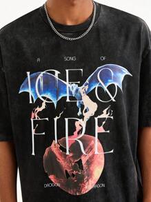 Game of Thrones X SHEIN Men's Casual Letter & Dragon Print Short Sleeve T-Shirt, Summer
