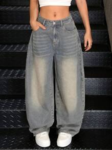 SHEIN Jeans de mezclilla holgados y casuales con estilo retro vintage Y2K para adolescentes, para looks de streetwear. Outfits bohemios de verano para adolescentes, para conciertos rave y festivales. - Azul lavado oscuro - Ver 3