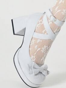 ROMWE Kawaii 女式哥特朋克包头玛丽珍鞋，带绑带、蝴蝶结、粗跟、正装高跟鞋 - 米色 - 查看 3