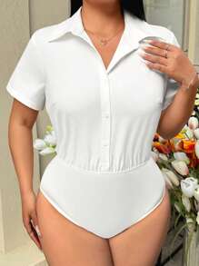 SHEIN EZwear Plus Size Business Casual Woman,Work,Minimalist White Bodysuit,Spring Summer Clothes - White - View 1
