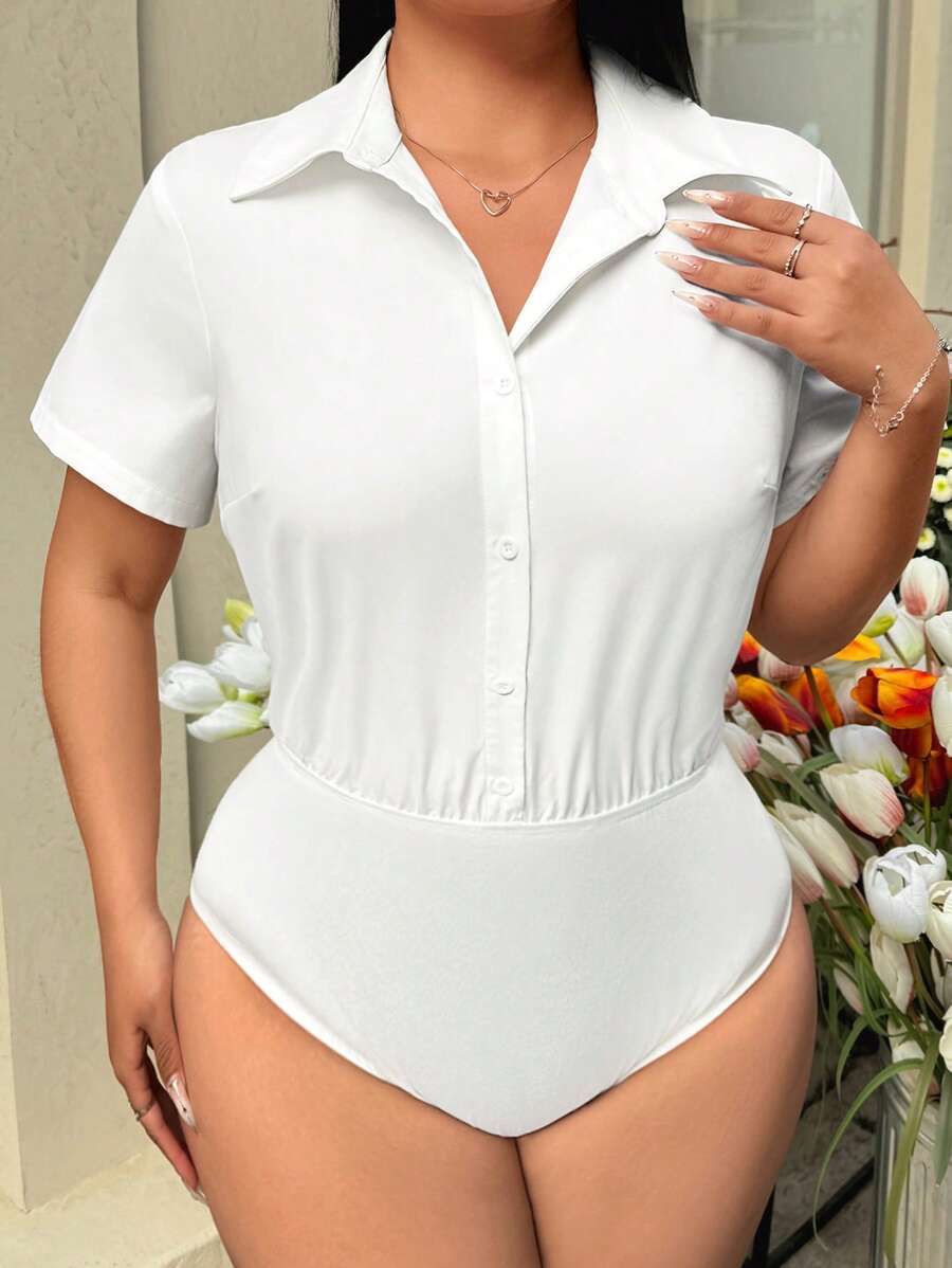 SHEIN EZwear Plus Size Business Casual Woman,Work,Minimalist White Bodysuit,Spring Summer Clothes - White - View 1