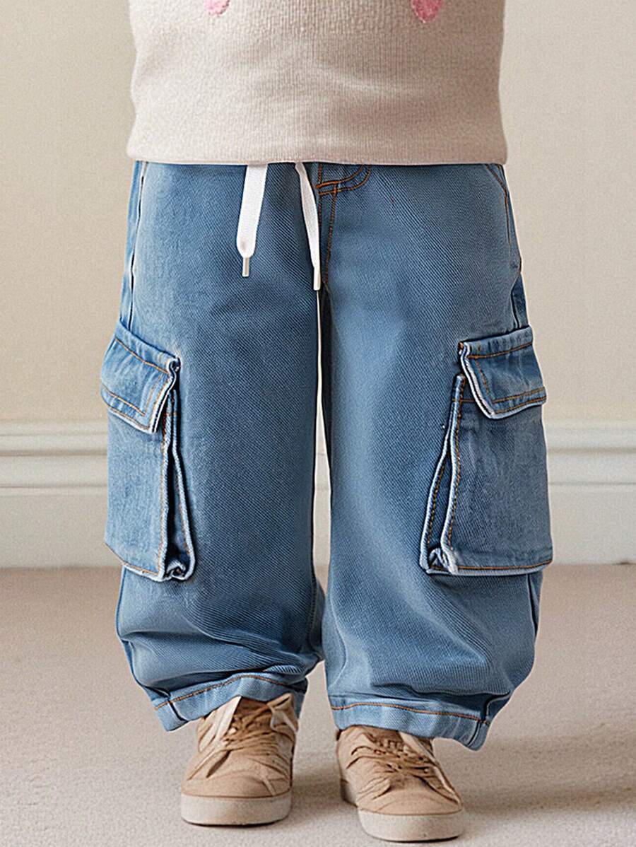 Denimly Baby Girl Casual Daily Urban Street Full Elastic Waistband Drawstring Functional Pencil Pocket Denim Pants - Medium Wash - View 1