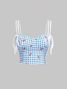 SHEIN MOD Plus Size Women Blue & White Plaid Crop Top With Tie Straps & Short Flared Skirt Set, Vacation Countryside Outfit