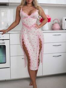 CottageSlumber 2 chiếc/bộ váy cưới ren in hoa lãng mạn lưới chèn xẻ gợi cảm - Hồng - Xem 6