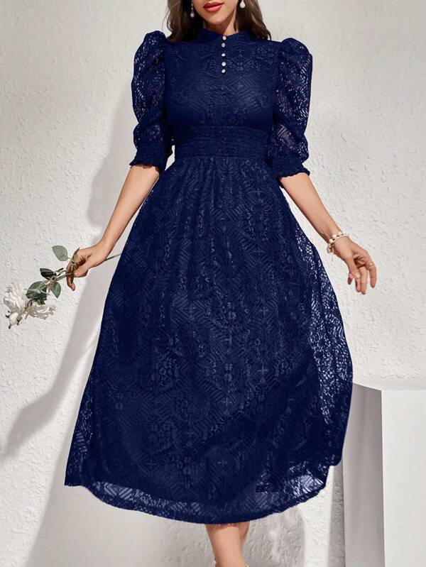 Modelyn Lace Panel Buttoned Detailing Waist Cinched Dress, Elegant Evening Party Maxi Dress