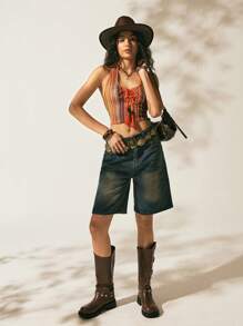 Easelle Áo len kẻ sọc cổ yếm phong cách cowgirl đi biển cho nữ, thời trang tối giản, mặc thường ngày, lễ hội mùa hè 2025 Boohoo - trái cam - Xem 4