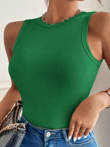 SHEIN VCAY Plus Size Women's Solid Color Round Neck Ribbed Slim Fit Green Tank Top - Olive Green - View 4