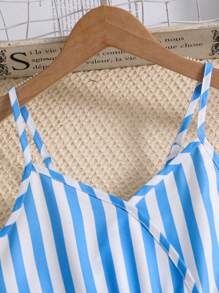 SHEIN Tween Girls Simple Style Navy & White Stripe V-Neck Suspender Flared Dress, Beach Wear Suitable For Summer - Blue and White - View 3