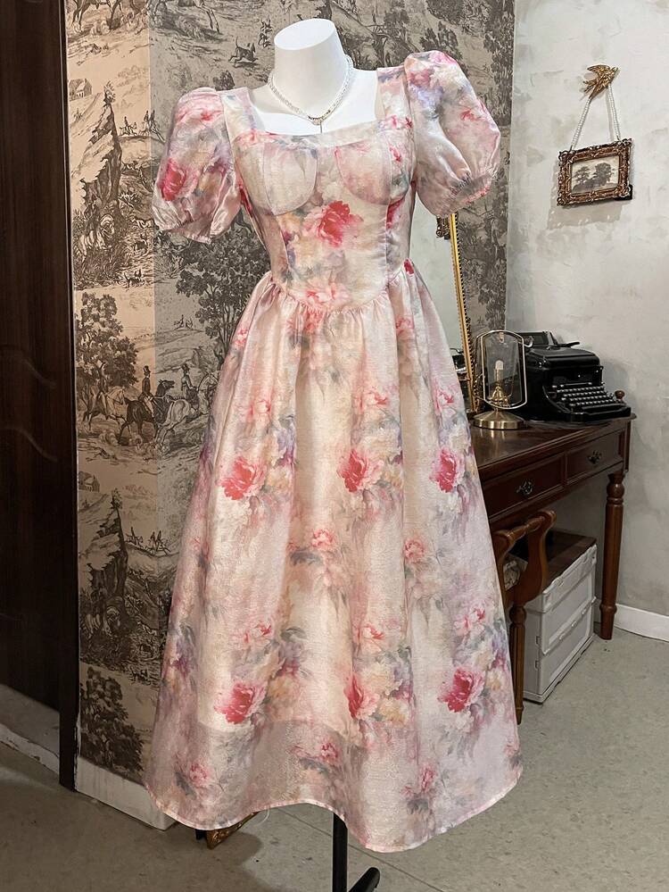 Spring Style New Arrival Elegant Women Long Floral Print Dress, Suitable For First Date Sundress Boho Vacation Outfits Women