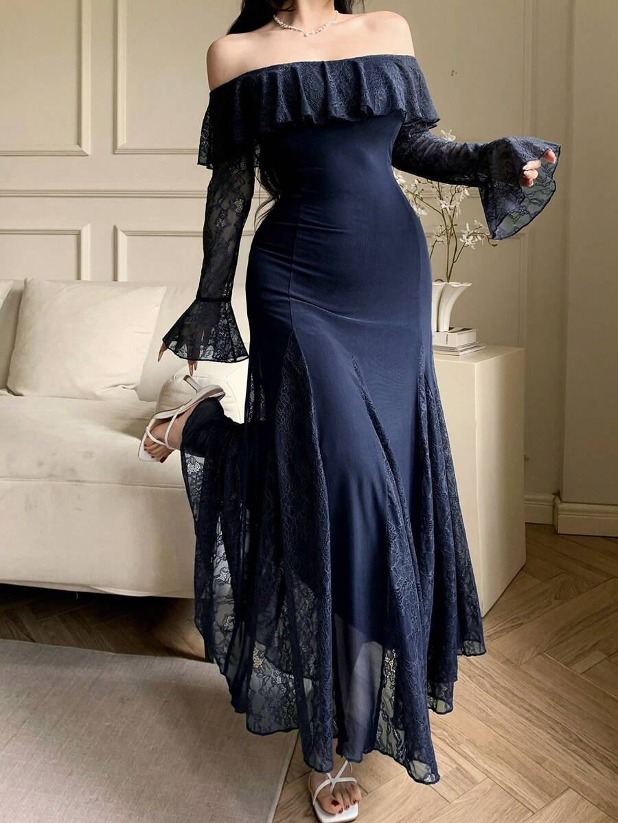 DAZY 女士性感裹身优雅中长连衣裙，春夏优雅，荷叶边 - 藏蓝色 - 查看 1