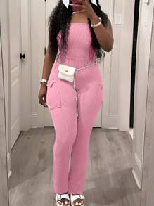 INAWLY Plus Size Women Solid Color Tight Fitted Side Pocket Jumpsuits - Pink - View 1