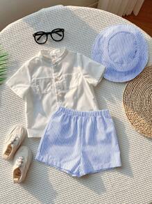 SHEIN Conjunto de 3 piezas de ropa de verano para niño/niña bebé: Sombrero de pescador a rayas, camisa blanca de botones, pantalones cortos a rayas casuales - Adecuado para interior, exterior, vacaciones