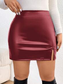SHEIN Tall CURVE 加大码纯色皮革开衩下摆紧身半身裙，适合春秋季节日常穿着 - 酒紅色 - 查看 3