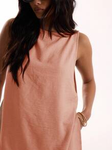 MUSERA Sleeveless Long Line Linen Feel Top Vacation Summer Oversized Beach Airport Holiday - Coral Orange - View 5