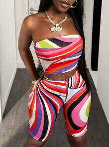 BamGleam 2 件彩色条纹印花短款上衣和紧身裤，紧身休闲性感运动套装 - 彩色 - 查看 4