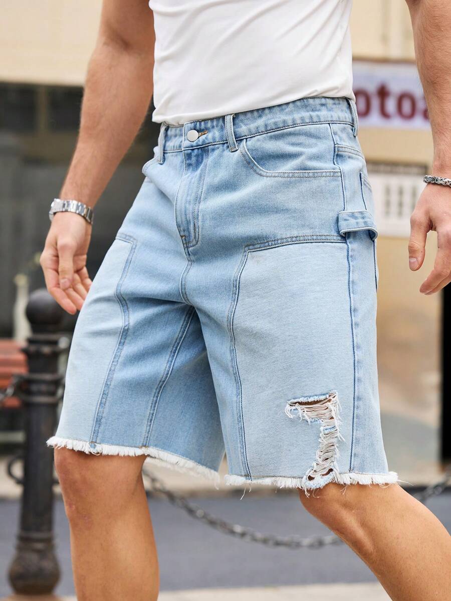 Manfinity Homme Men's Loose Straight Blue Denim Shorts - Light Wash - View 1