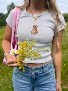 INAWLY 女士小熊刺绣短款圆领短袖 T 恤 - 淺灰色 - 查看 3