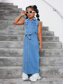 SHEIN Vestido estilo camisa vaquera azul sin mangas con cuello clásico para niñas preadolescentes de estilo casual de verano, ropa de primavera/verano y conjunto de vestir para vacaciones de primavera - Azul lavado medio - Ver 6