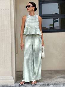Siren Gaze Conjunto de blusón sin mangas con abertura en la espalda y volantes en el bajo a cuadros verde menta y pantalones anchos, conjunto de dos piezas de estilo boho chic de verano 2025 con tejido transpirable tipo lino para vacaciones, festivales y resorts de playa