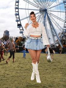 SHEIN ICON 时尚休闲水洗褶皱短裙 - 淺色水洗藍 - 查看 7