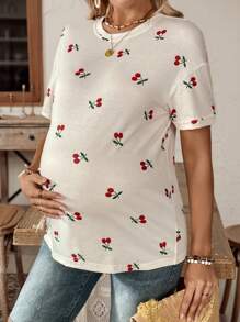 SHEIN تي شيرت كاجوال بتصميم طباعة الكرز للرقبة المستديرة وياقة متدلية للنساء الحوامل