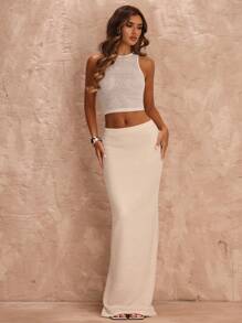 SHEIN BAE 2 件套女士杏色钩针透视背心和低腰长裙套装，度假装，钩针网眼套装，春夏 - 杏色 - 查看 7