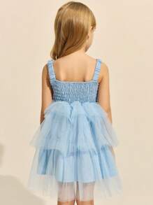 SHEIN Young Girls' Elegant Pink & Blue Mesh Fitted Sleeveless Dress, Spring/Summer - Blue - View 2