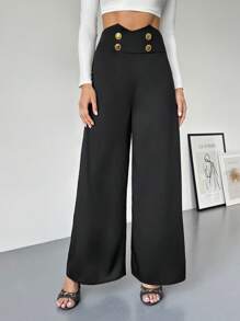 Firerie Pantalon de travail noir taille haute et évasé amincissant pour femmes - Noir - Voir 3