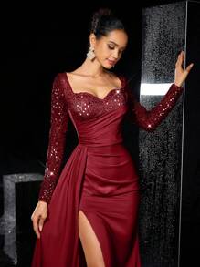 Glamrae 优雅奢华长袖亮片和珠饰褶饰缎面美人鱼长裙，侧开衩，适合婚礼、派对、节日、庆典、正式场合、派对礼服、婚礼宾客礼服、晚礼服、长袍 - 酒紅色 - 查看 4