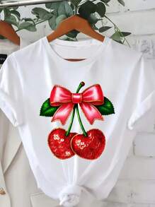 Flirla Plus Size Women Cherry Print Round Neck Short Sleeve Casual T-Shirt - White - View 1